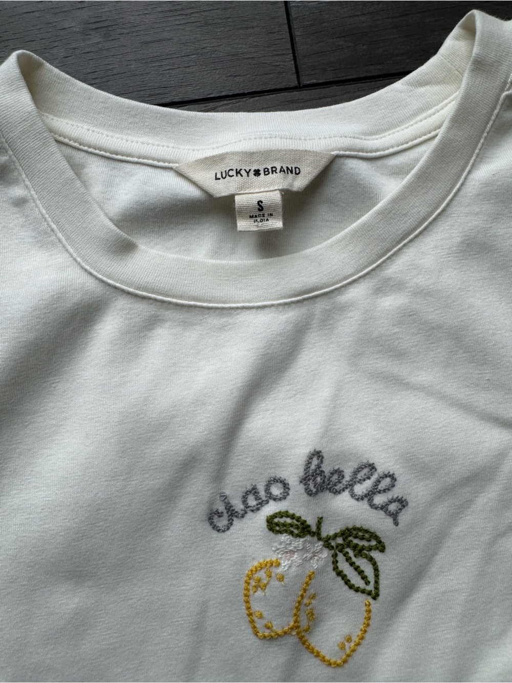 Lucky Brand Cream T with Embroidered "Ciao Bella" Lemon